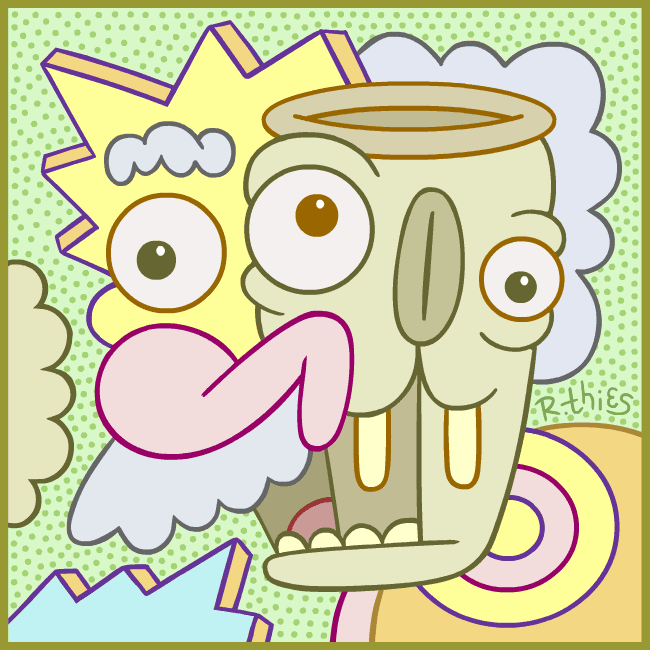 Animation of an abstract, three-eyed cartoon character that resembles a mutated mashup of Albert Einstein, Lisa Simpson, and - a walrus