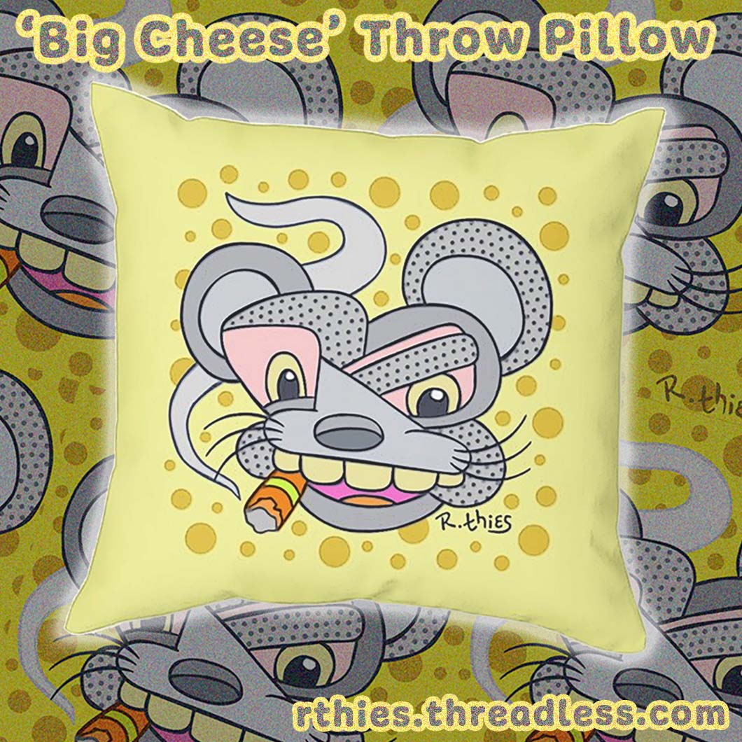 Big Cheese, cartoon mouse throw pillow for sale on Threadless, opens in a new window.