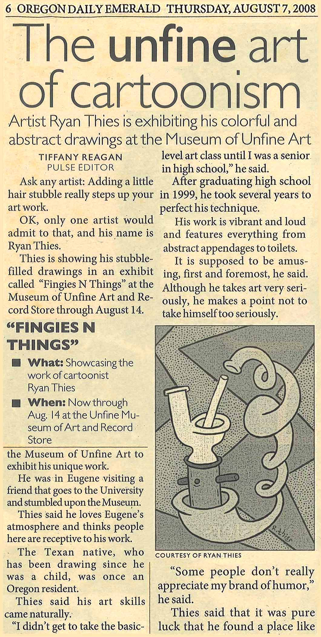 Newspaper clipping: 'The Unfine Art of Cartoonism', Oregon Daily Emerald, August 7th, 2008