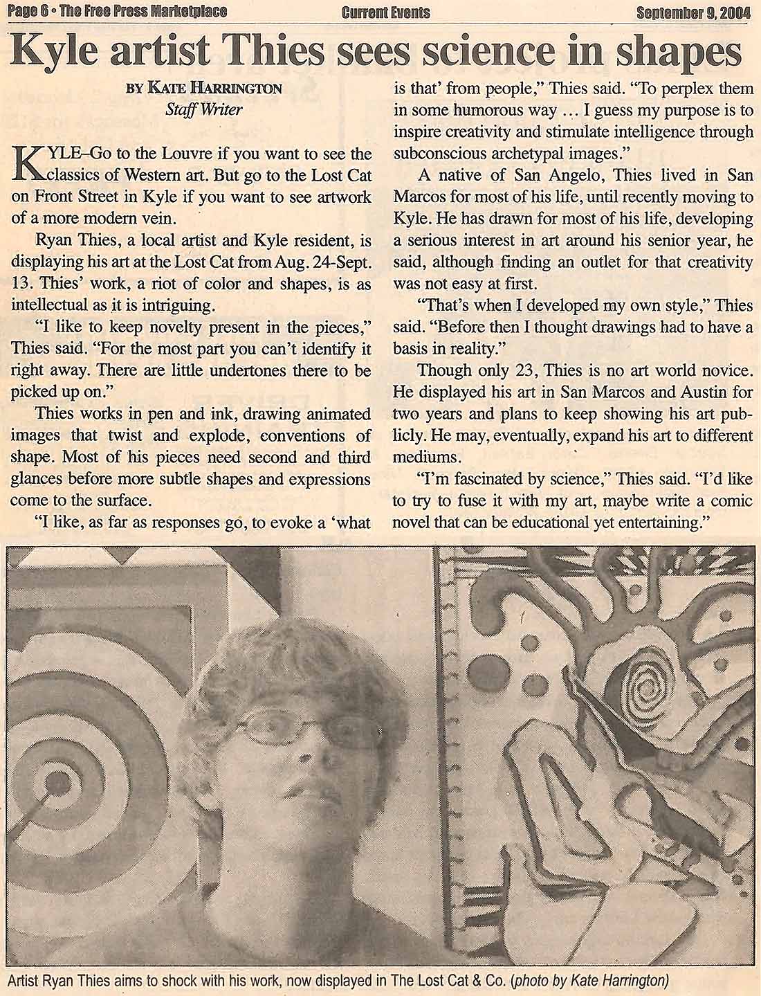 New article clipping: 'Kyle Artist Thies sees science in shapes', Hays County Free Press, September 9th, 2004