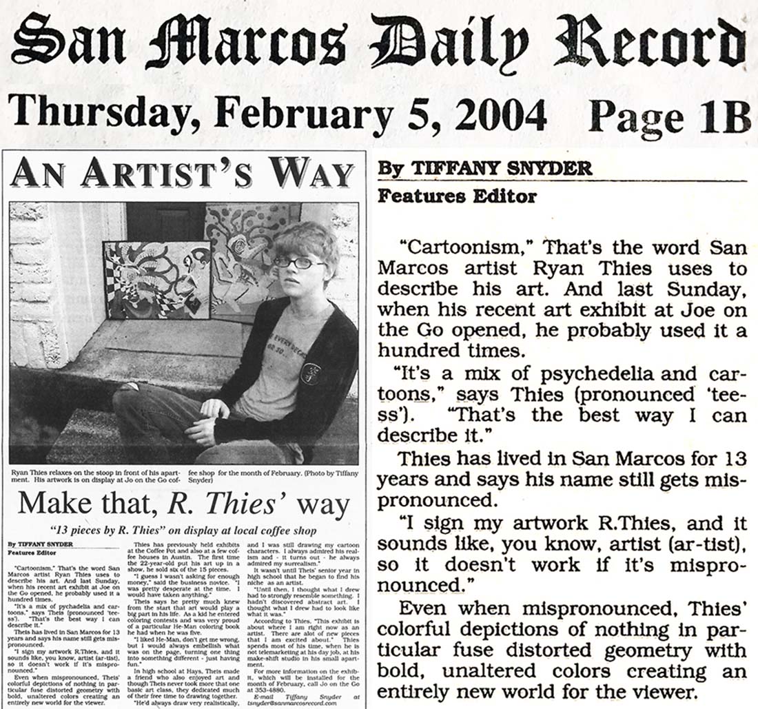 New article clipping close-up: 'An Artist's Way: Make that, R. Thies' Way', San Marcos Daily Record, February 5th, 2004