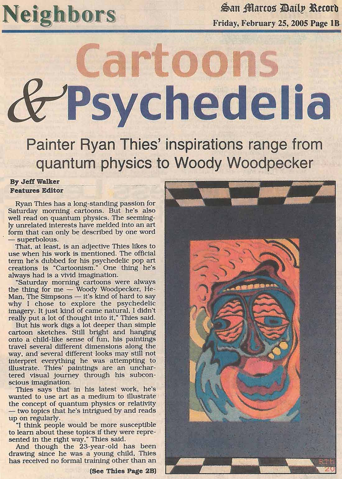 Newspaper clipping: 'Cartoons & Psychedelia', San Marcos Daily Record, February 25th, 2005