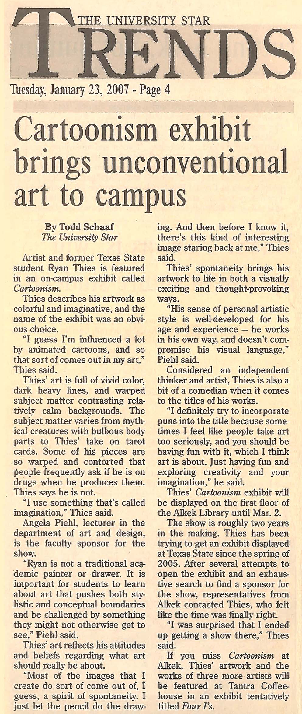 Newspaper clipping: 'Cartoonism exhibit brings unconventional art to campus', The University Star, January 23rd, 2007