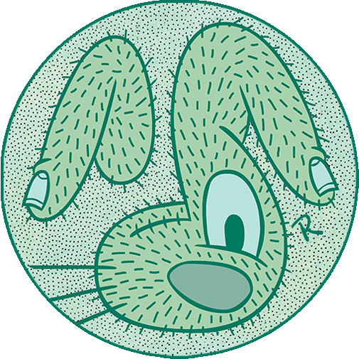 Green Hairy Bunny, abstract cartoon bunny with hairy fingers for ears