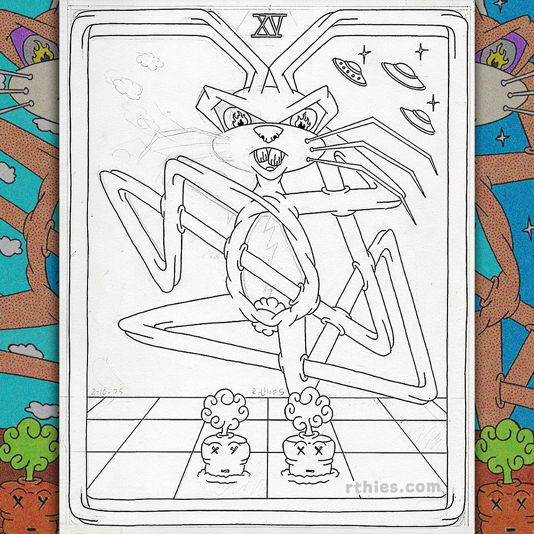 Tarot-style devil card design featuring a contorted cartoon rabbit, partially inked, with clouds on the left, three UFOs and stars on the right. Two carrots below (one with X and Y eyes, the other with X and X eyes), rooted in a perspective checkerboard ground of alternating tan and brown tiles