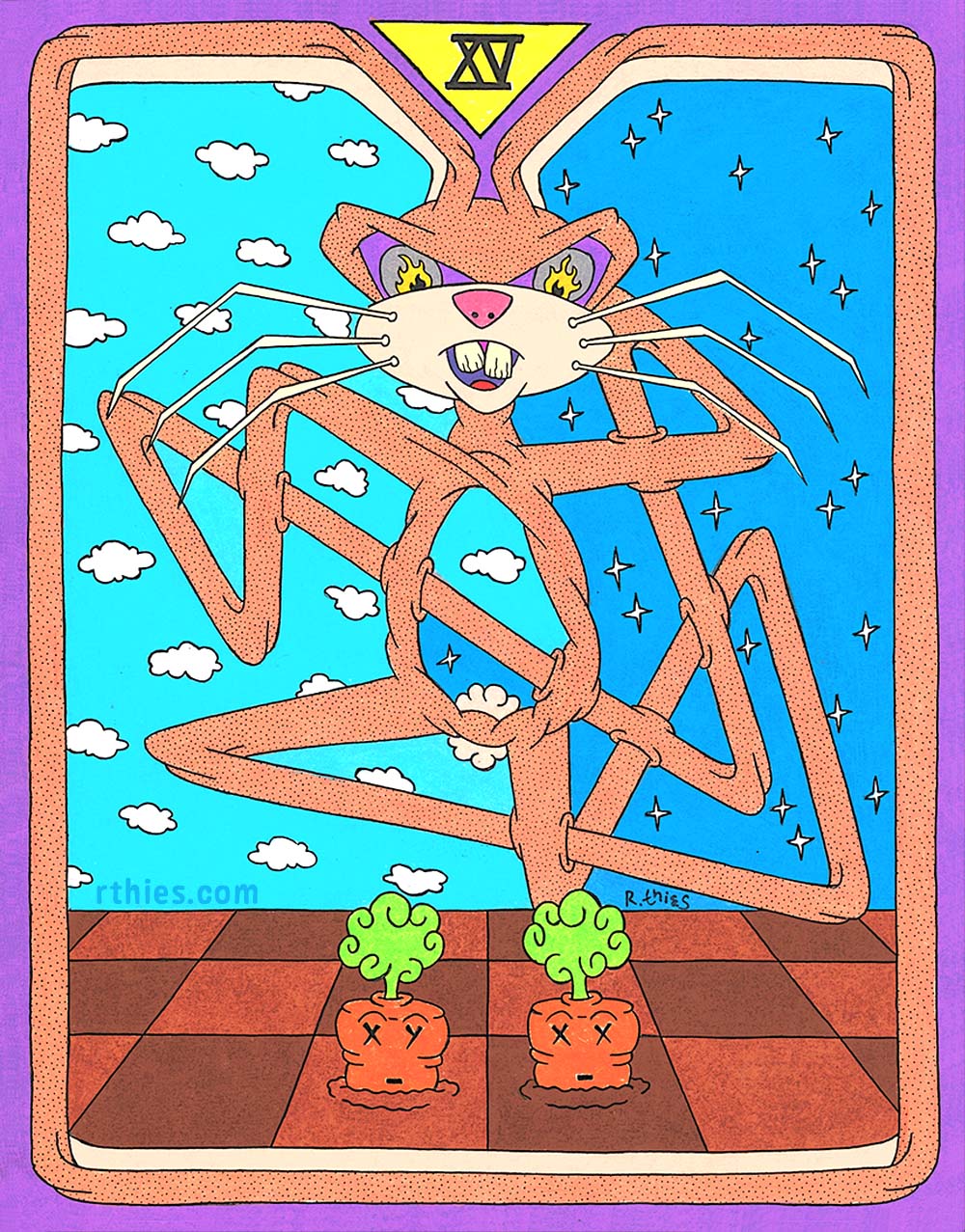 Tarot-style devil card design (Sharpie pen and Prismacolor colored pencils) featuring a contorted cartoon rabbit, with clouds on the left, and stars on the right. Two carrots below (one with X and Y eyes, the other with X and X eyes), rooted in a perspective checkerboard ground of alternating tan and brown tiles