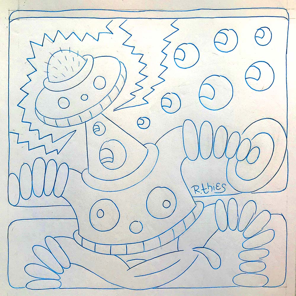 Ink drawing of an abstract cartoon robot with a hairy, UFO-like dome head, a beam extending down to form a neck connecting to the torso, and coilspring appendages, surrounded by lightning-bolt speech bubbles and floating orbs with fingernails
