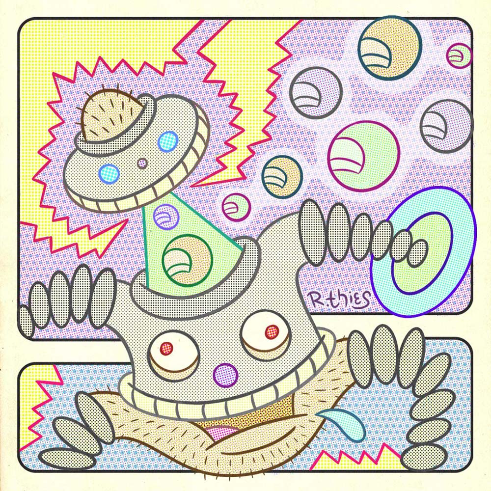 Wackadoo Fuzzbot (2025 digital version), full-color Procreate illustration. Abstract cartoon robot with a hairy, UFO-like dome head, a beam extending down to form a neck connecting to the torso, and coilspring appendages, surrounded by lightning-bolt speech bubbles and floating orbs with fingernails