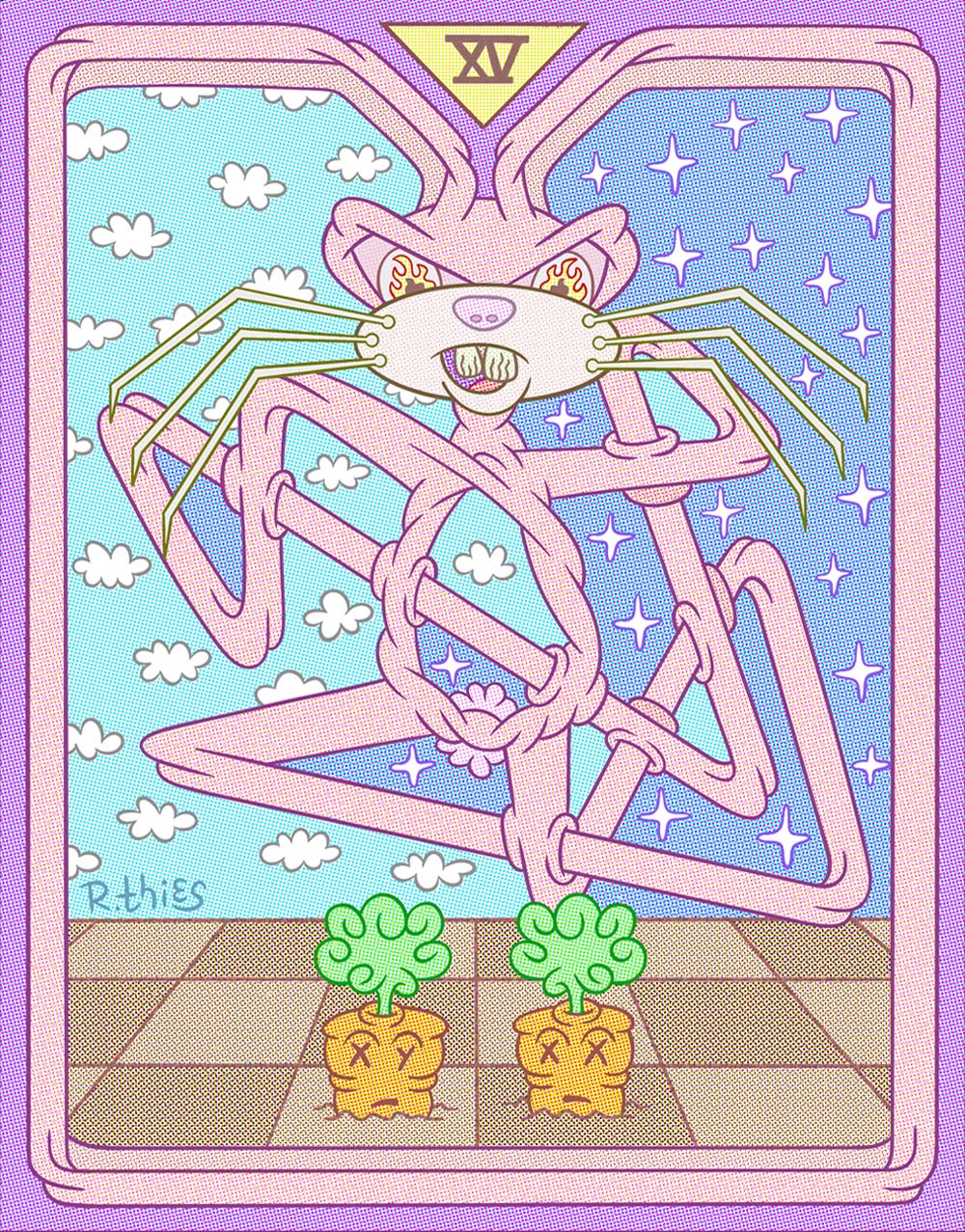 Tarot-style devil card design (Procreate illustration) featuring a contorted cartoon rabbit, with clouds on the left, and stars on the right. Two carrots below (one with X and Y eyes, the other with X and X eyes), rooted in a perspective checkerboard ground of alternating tan and brown tiles