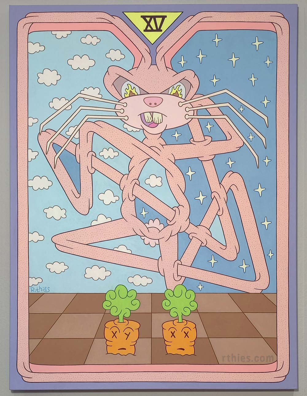 Tarot-style devil card design (acrylic on canvas) featuring a contorted cartoon rabbit, with clouds on the left, and stars on the right. Two carrots below (one with X and Y eyes, the other with X and X eyes), rooted in a perspective checkerboard ground of alternating tan and brown tiles