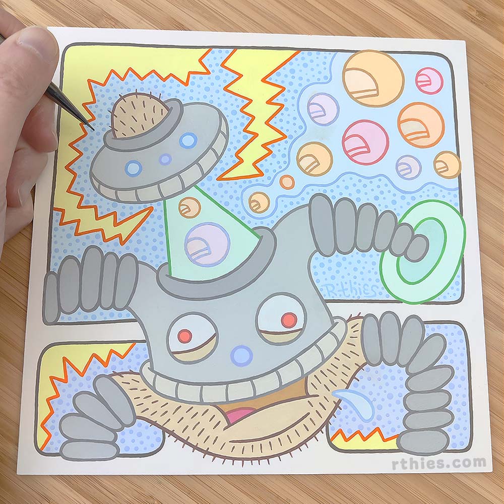 Photo of an acrylic on wood panel painting that features an abstract cartoon robot with a hairy, UFO-like dome head, a beam extending down to form a neck connecting to the torso, and coilspring appendages, surrounded by lightning-bolt speech bubbles and floating orbs with fingernails, with the artist's hand holding a paintbrush beside it for scale