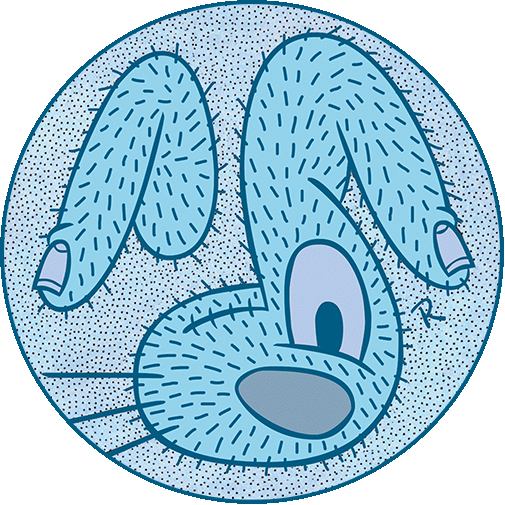 Blue Hairy Bunny, abstract cartoon bunny with hairy fingers for ears