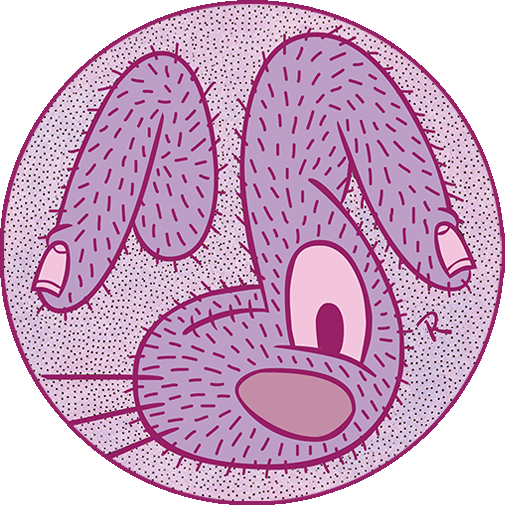 Purple Hairy Bunny, abstract cartoon bunny with hairy fingers for ears